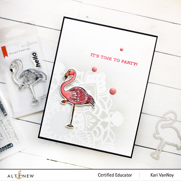 SUNSHINE-Altenew-Poised-Flamingo-and-Henna-stencil-card-4-with-supplies
